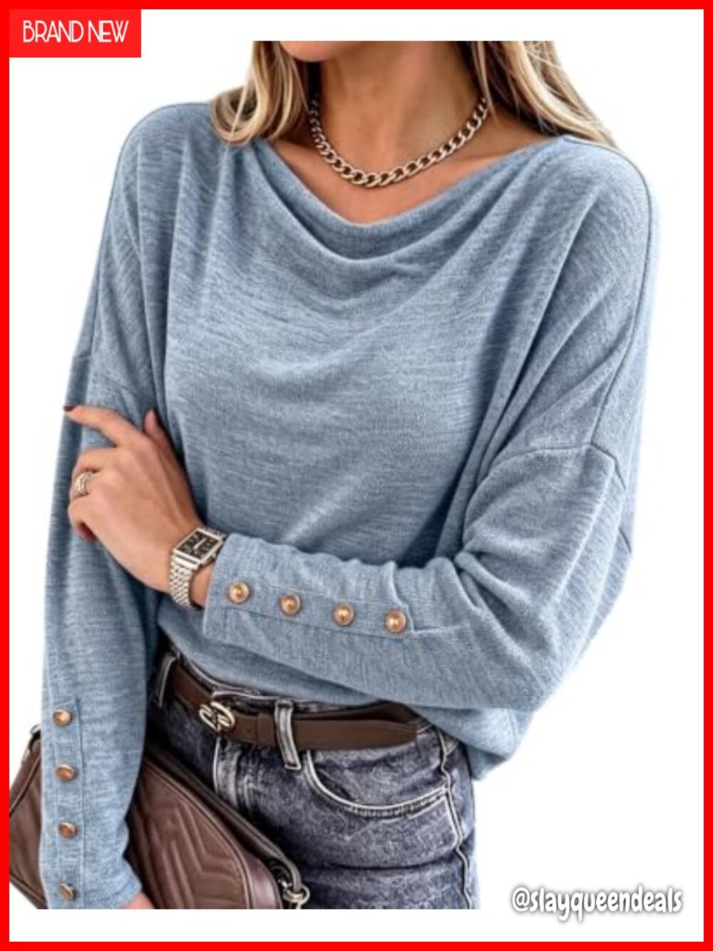 Off Shoulder Blouse Gold Button Knit Long Sleeve Casual